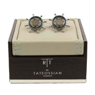 TATEOSSIAN Rhodium Plated Blue Enamel SHIP WHEEL Rotating Cufflinks NIB - Image 1 of 2