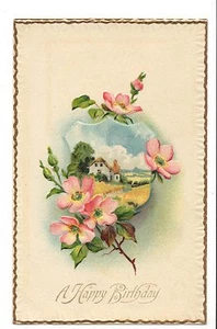 Vintage Postcard Happy Birthday Embossed Dogwood Flowers Scene Gold Details - Picture 1 of 4