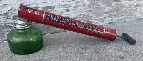 Unique Antique Hudson, Collectible Sprayer Tin w/ Green Glass Hand-Pumped Vtg Cover