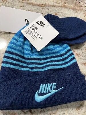 Nike Blue Baby Boy Beanie Hat And Mittens Set  Size 12/24 Months ~ New - Image 1 of 4