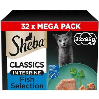 32 x 85g Sheba Classics Adult Wet Cat Food Trays Ocean Selection in Terrine