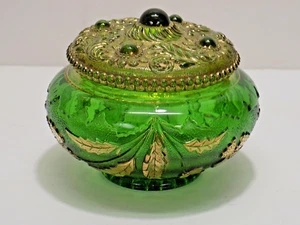 U.S. Glass Co. Delaware Emerald Green Glass Gold Trimmed Lidded Powder Jar - Picture 1 of 11
