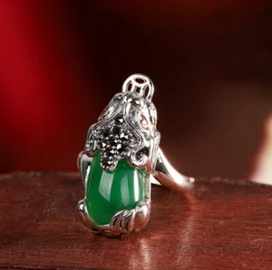 I03 Ring grüner Chalzedon Markasit Fabelwesen Pixiu Glücksbringer Silber 925  - Bild 1 von 3