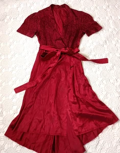 Vtg 40s 50s Wrap Dress Red Satin Fit Flare Smocked Bust V Neck medium Women AsIS - Picture 1 of 10