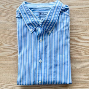 L.L.Bean Large Striped Shirt Mens Blue 25" Pit-to-Pit Designer Short Sleeve Logo - Picture 1 of 9