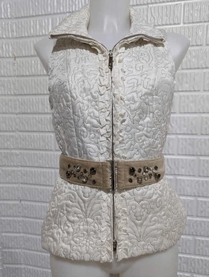 White House Black Market Women's Cream Quilted Belted Embroidered Vest Size XXS  - Изображение 1 из 4