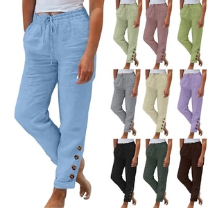 Womens Summer Elastic Waist Solid Color Cotton Linen Wide Leg Loose Pants - Picture 1 of 38