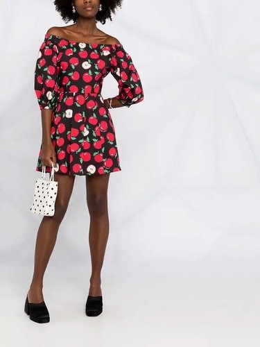 Boutique Moschino Mini Abito Nero Rosso Stampa Mela Cotone L Nuovo con etichette