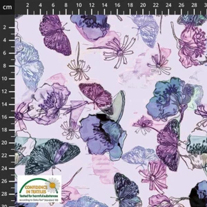 Baumwolljersey Blume Schmetterling Kinderstoffe Breite 160 cm Blumen Lila rosa - Bild 1 von 1