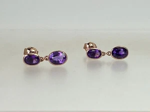 9 Ct Rose Gold Double Drop Oval Faceted Amethyst Earrings Butterfly Studs Dainty - Picture 1 of 8