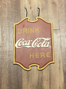 Coca Cola Drink Here Bottle SIGN Wooden 16 X 13 HS6