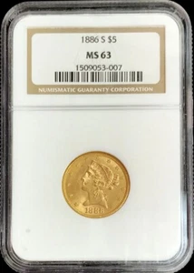 1886 S GOLD USA $5 LIBERTY HEAD HALF EAGLE COIN NGC MINT STATE 63 - Picture 1 of 2
