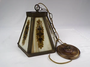 Antique USA Lavery Hanging Light Punched Brass Frame Amber Glass 6 Panel Z25 - Picture 1 of 11
