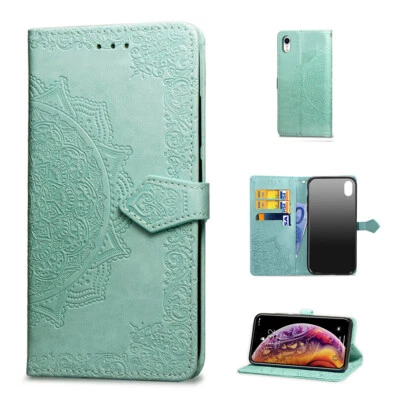 For iPhone 16 15 14 13 12 11 Pro Max XR Embossed Leather Wallet Flip Stand Case - Image 1 of 4