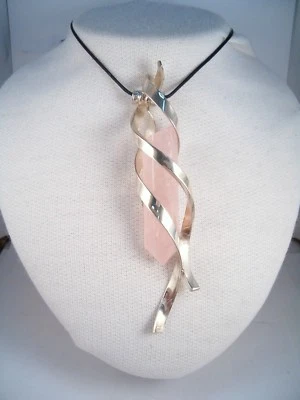Ciondolo in ARGENTO 925 con QUARZO ROSA naturale -pendente pietra dura girocollo - Immagine 1 di 4