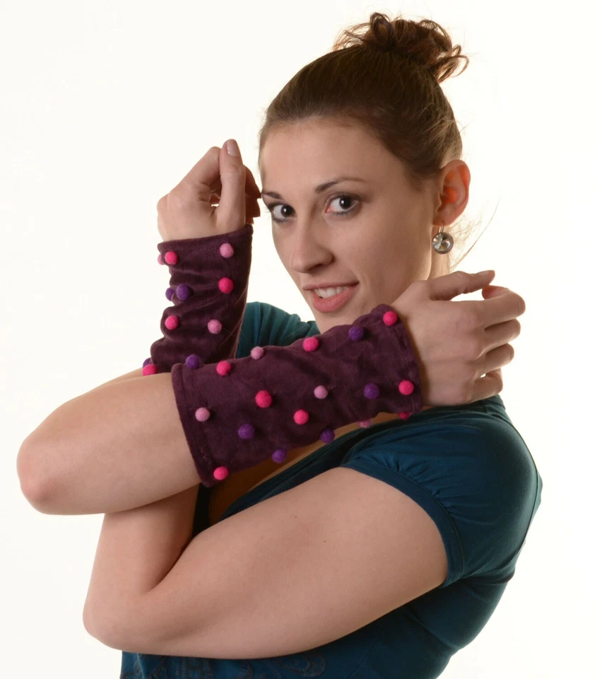 Samt Armsstulpen Stulpen Handwärmer mit lustigen Filzkugeln - Bild 1 von 1