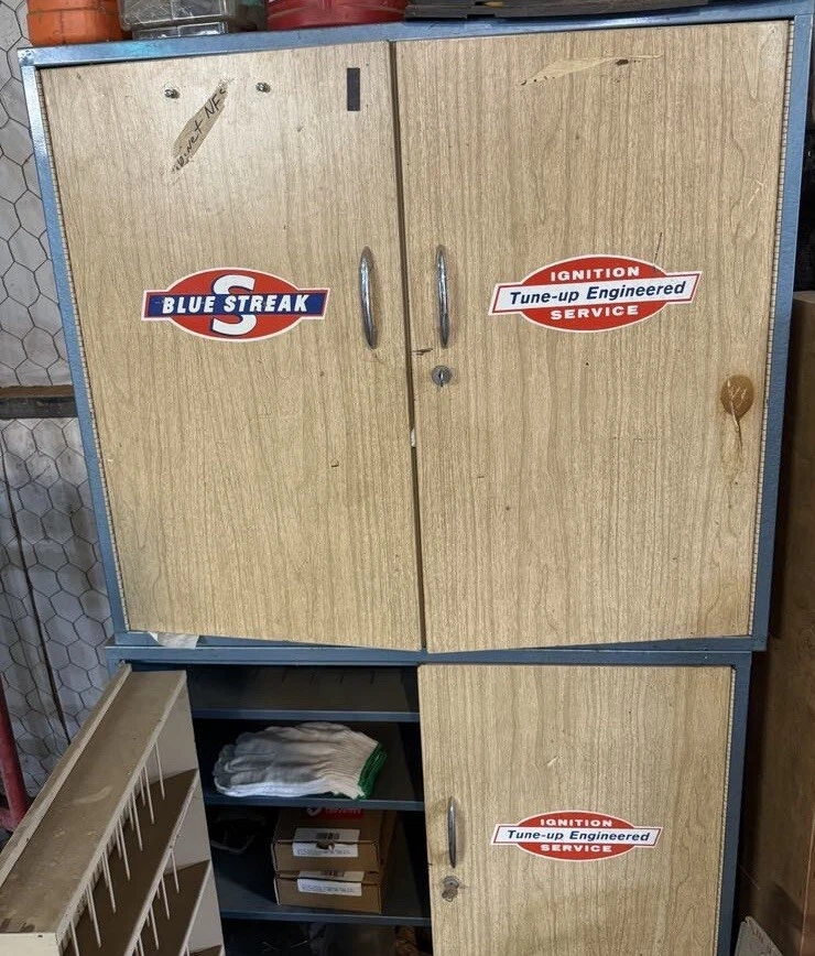 Vintage Blue Streak Ignition Auto Parts Service Station Cabinet & Base - Image 1 of 4