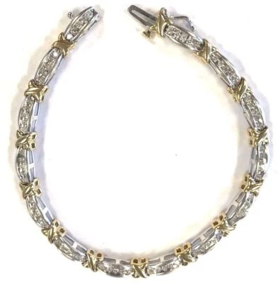 10 Karat Yellow & White Gold 1.5 CT Diamond X Style Tennis Bracelet 7.5" B124 - Image 1 of 4