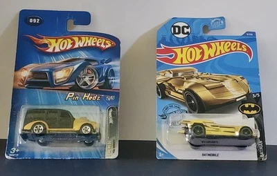 Hot Wheels, 2017 Gold BatMobile & 2004 Pin Hedz '40s Woody, Mattel - Image 1 of 4