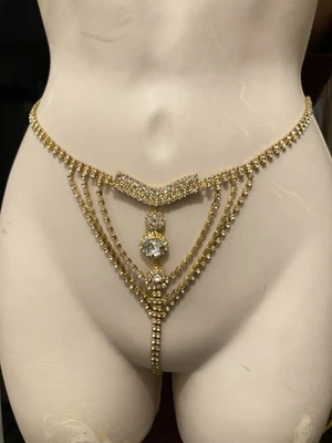 Used Gold Rhinestone Body Chain Belly Dance Waist Draping Festival Jewelry 41" - Image 1 of 4