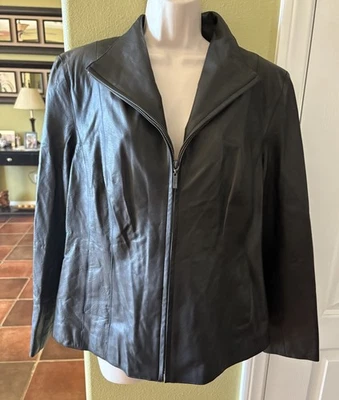 Chaqueta de moto de cuero negra de piel de cordero Cole Haan cuello ala para mujer talla 16 ¡GENIAL!! Foto 1 de 4