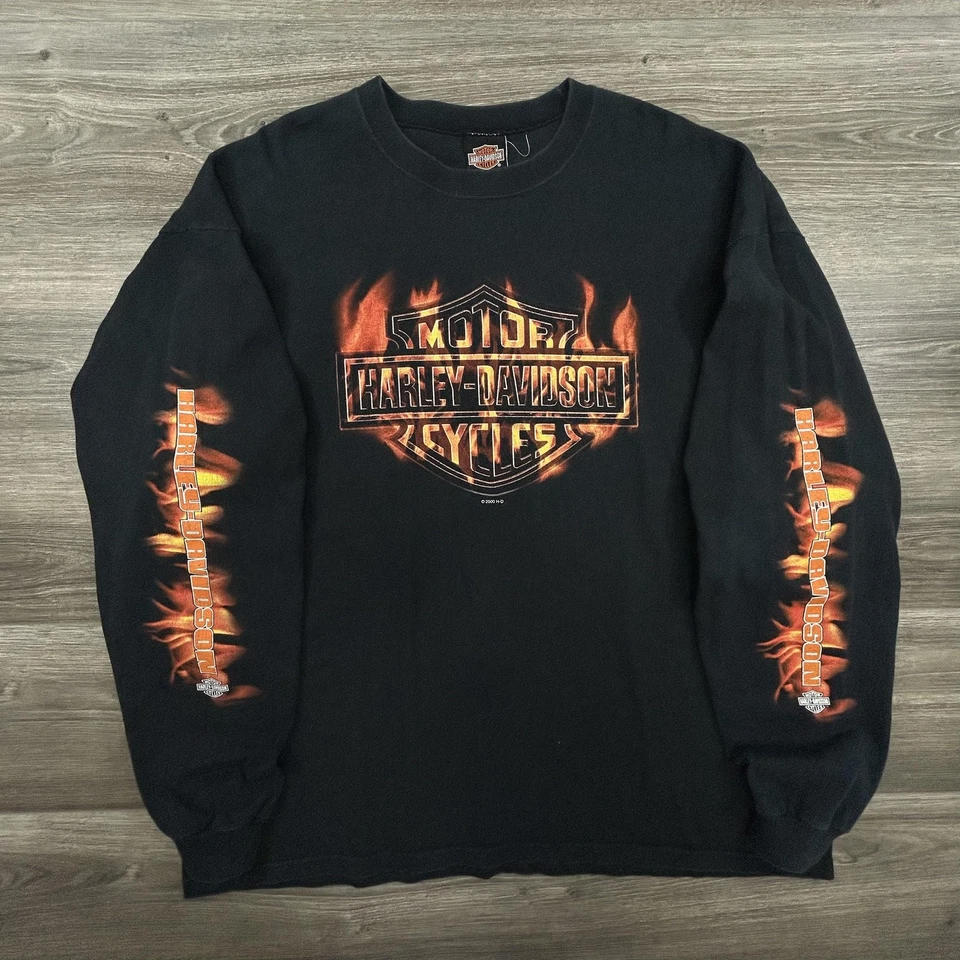 Vintage Harley-Davidson Shirt Mens 2XL Black Long Sleeve Flames Skater Y2K RARE - Image 1 of 4