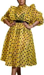 AOMEI Damen Ploka Punkte Puffärmel Midikleid Netz Rüschen A-Linie Freizeitkleider - Bild 1 von 17