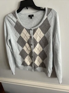 Talbots Petite Small Lambswool Angora Blue Gray Argyle Cardigan Sweater - Picture 1 of 5