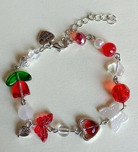 Beaded Silver Bracelet, Red Green White, Heart, Flower, Butterfly Charm, UK - Picture 1 of 8