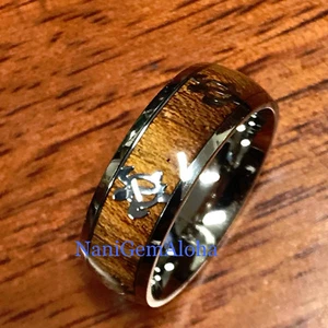 HAWAII Hawaiian Koa Wood Stainless Steel Band Ring Turtle Honu 8mm Comfort Fit - Picture 1 of 2