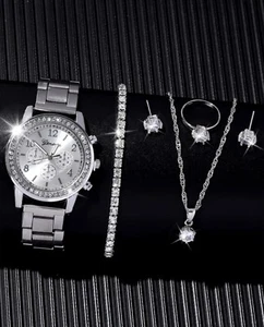 Watch Gift Set for Women 5 Piece Silver Crystal Bracelet Earrings Necklace Ring - Picture 1 of 13