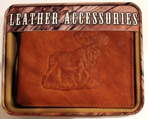 Brown Leather Wallet Wildlife Moose Stamped Mens billfold Outdoor Sportsman - Picture 1 of 10