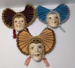 Porcelain Venetian Festival Wall Hanging Masks Handpainted Mardi Gras ? Set of 3 - Picture 1 of 16