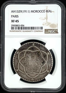 (1911) AH 1329 Morocco RIAL Paris Mint NGC XF 45 KM Y#25 - Picture 1 of 4