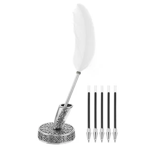 Weiße Feder-Kugelschreiber, Metallhalter Kugelschreiber mit 5 Stück Nachfüllung - Bild 1 von 8