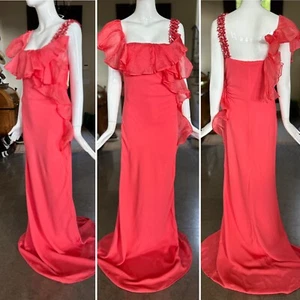 Valentino Vintage 80's Long Ruffled Red Silk Evening Dress - Picture 1 of 11