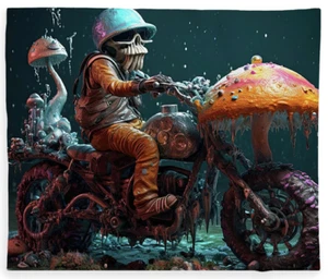 Soft Fleece Throw Blanket With Design Print "Astro Rider's Fungal Fantasy" - Picture 1 of 5