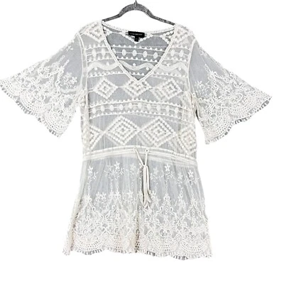 Lane Bryant Women 14/ 16 1x Ivory Lace Embroidered Mesh Tunic Swimsuit Cover up - Image 1 of 4