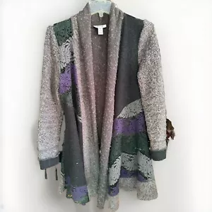 Anis A M Art To Wear 38” Around L 36” Open Boho Cardigan Multi Fabric Collared - Picture 1 of 7