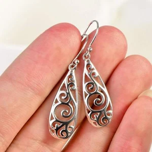 YFN - 925 Sterling Silver SWEET HOLLOW FILIGREE DROP DANGLE EARRINGS - GNE9376 - Picture 1 of 6