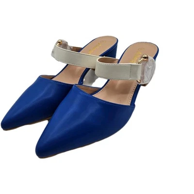 Women’s Blue White Mule 2" Block Heel Pumps Pointed Toe Dress Shoes Size 6 - Image 1 of 4