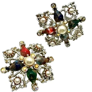 Sarah Coventry Galaxy Clip-On Ohrringe Cabochons Kunstperlen AB Strass Vintage - Bild 1 von 9