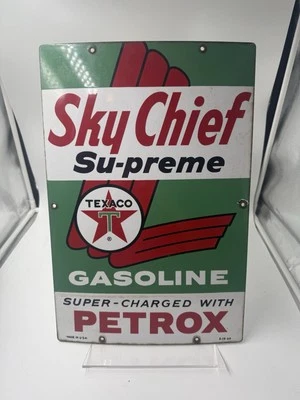 Antiguo letrero de placa de bomba de gas esmaltado Texaco Sky Chief Su-preme 1959 18 x 12 Foto 1 de 2