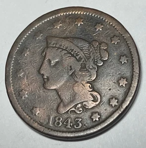 1843 Liberty Head Large Cent Petite Head Small Date Very Good VG  Cleaned. - Picture 1 of 2