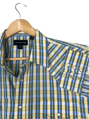 Panhandle Slim Western Long Sleeve Pearl Snap Button - 17x35 Yellow/Blue Plaid - Image 1 of 4