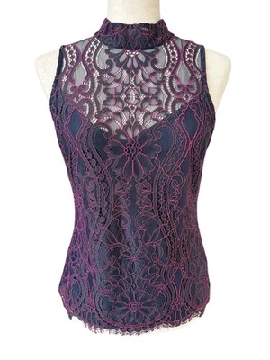 White House Black Market Two Tone Lace Top Tank High Neck Shell Size 4 Elegant - Image 1 of 4