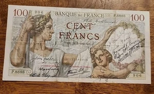 France PK #94 1940 100 Francs Circulated Shortsnorter Banknote - Picture 1 of 2