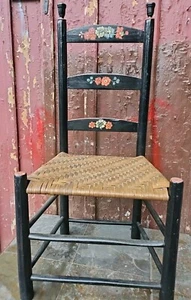 Antique Ladder Back Cane Seat Primitive Tole Hand Painted Folk Art 39" Chair - Picture 1 of 19