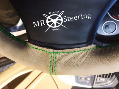 FITS 1950-1954 LANCHESTER BEIGE LEATHER STEERING WHEEL COVER GREEN DOUBLE STITCH - Image 1 of 3