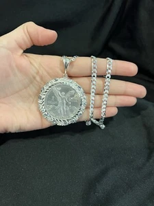 925 Sterling Silver Nugget Bezel & 1 Oz Libertad Moneda CENTENARIO & Curb Chain - Picture 1 of 6